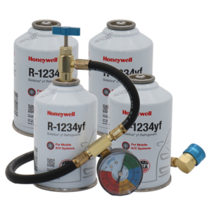 ZeroR® R1234YF Top Off Kit #4 | Genuine 8oz R1234YF Refrigerant (4 Cans) & HD Brass Can Tap with Gauge