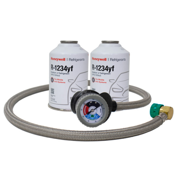 ZeroR Top Off Kit #2 - Genuine 8oz HFO-R1234YF Refrigerant (2 Cans) & Premium HD 36" Steel Braided Hose Can Tap with Gauge.
