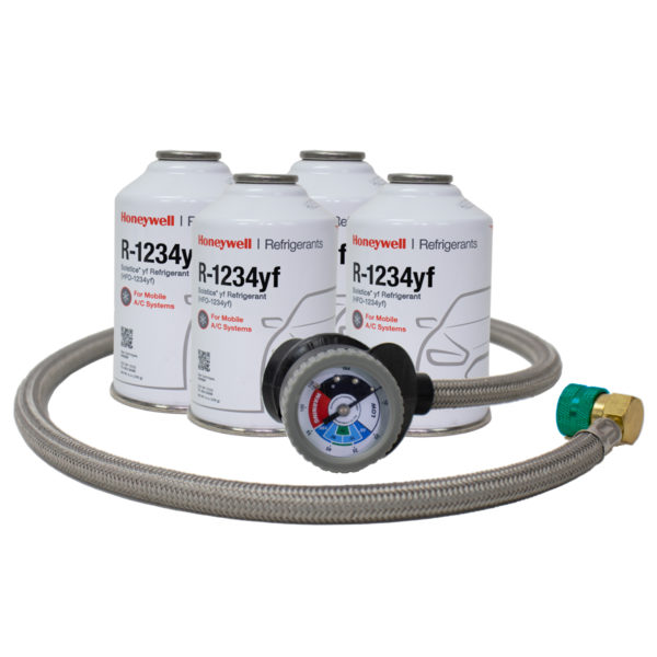 ZeroR Top Off Kit #4 - Genuine 8oz HFO-R1234YF Refrigerant (4 Cans) & Premium HD 36" Steel Braided Hose Can Tap with Gauge.