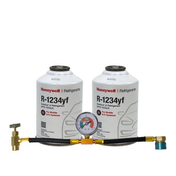 ZeroR® Top Off Kit #2 - Genuine 8oz R1234YF Refrigerant (2 Cans) & HD Brass Can Tap with Gauge