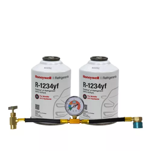 ZeroR® Top Off Kit #2 – Genuine 8oz R1234YF Refrigerant (2 Cans) & HD Brass Can Tap with Gauge