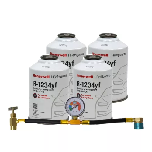 ZeroR® Top Off Kit #4 – Genuine 8oz R1234YF Refrigerant (4 Cans) & HD Brass Can Tap with Gauge
