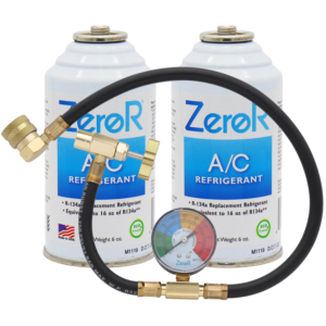 2 Cans of ZeroR AC Refrigerant and 1 Heavy Duty Brass Can Tap Gauge