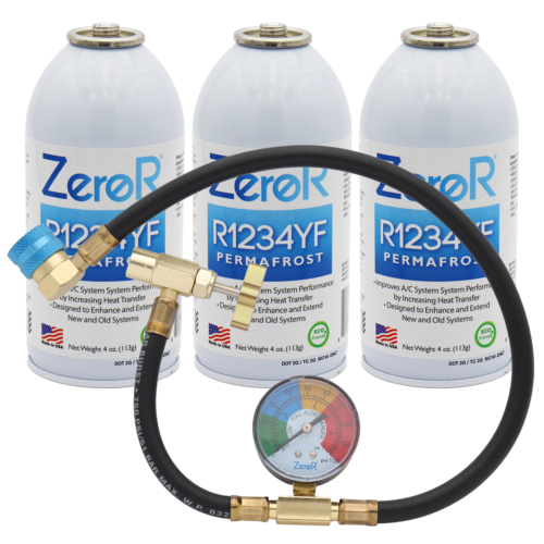 ZeroR® Performance Boost Kit for R1234YF MVAC Systems | 24″ Charging Hose with Gauge | 3 Cans